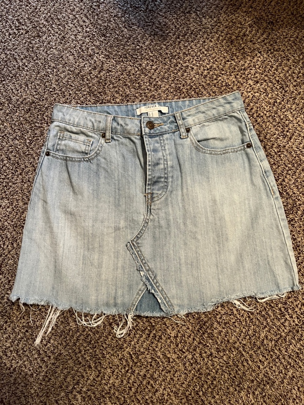 Forever 21 Faded Light Blue Denim Mini Skirt with Frayed Hem